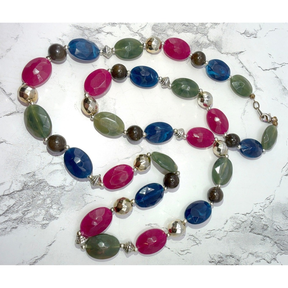Multicolor Faceted Bead Necklace Purple Blue Green Silver Gold 30 Inch